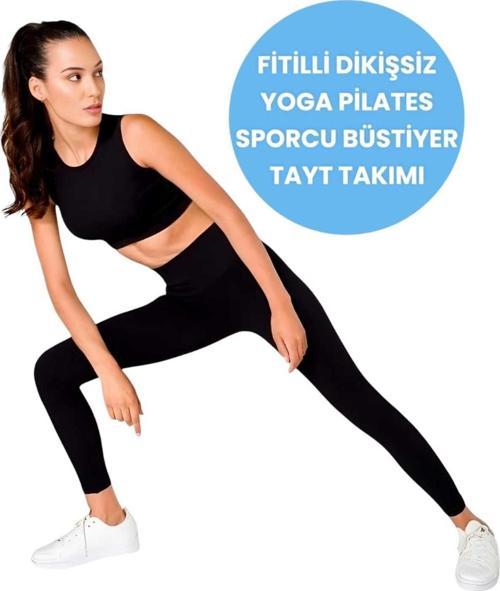 Kadın Fitilli Seamless/Dikişsiz Fitness Yoga Pilates Sporcu Büstiyer Tayt Takımı Siyah XS-S