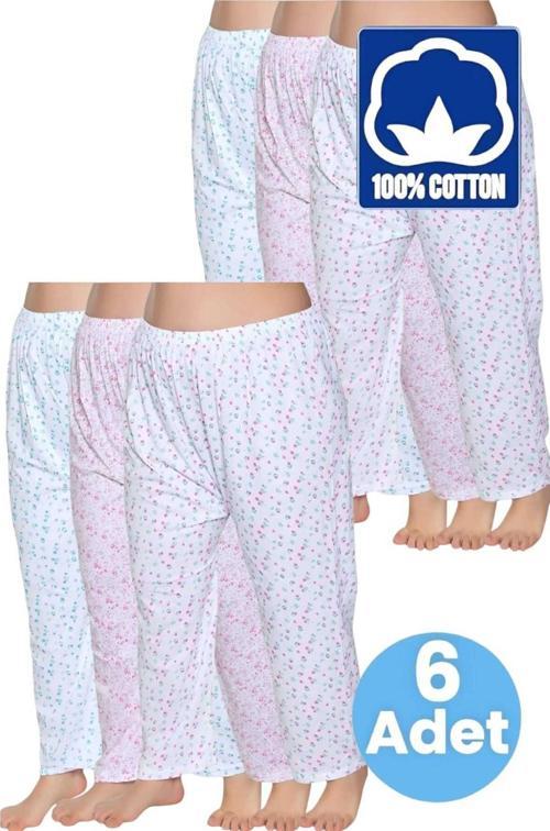 Kadın %100 Pamuklu Desenli Emprime Lastikli Uzun Pijama Düz Paçalı Don 6'Lı Set Beyaz 3XL