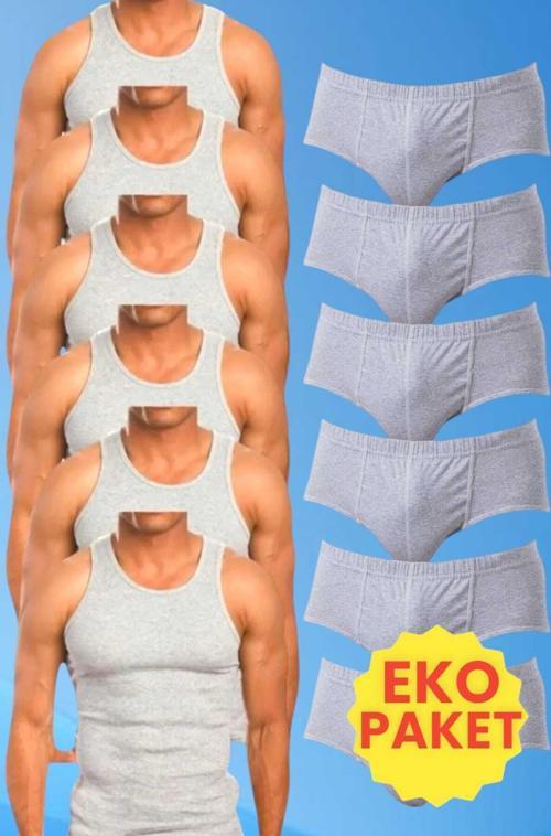 Erkek Pamuklu 6 Atlet 6 Slip Külot Set Gri XL