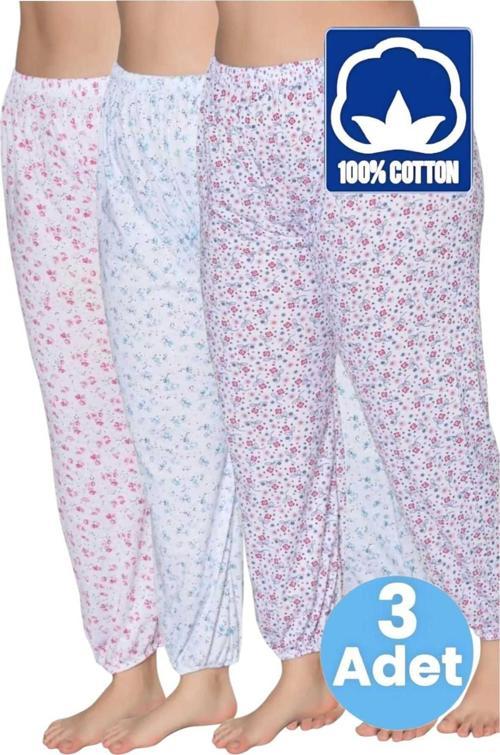 Kadın %100 Pamuklu Desenli Emprime Lastikli Uzun Pijama Lastik Paçalı Don 3'Lü Set Beyaz 4XL