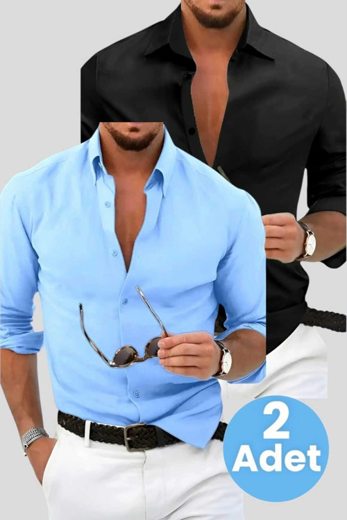 Slim Fit Kravatlık Uzun Kol Kolay Ütü Nefes Alan Dört Mevsim Slim Fit Erkek Gömlek 2'Li Set Siyah - Mavi 2XL