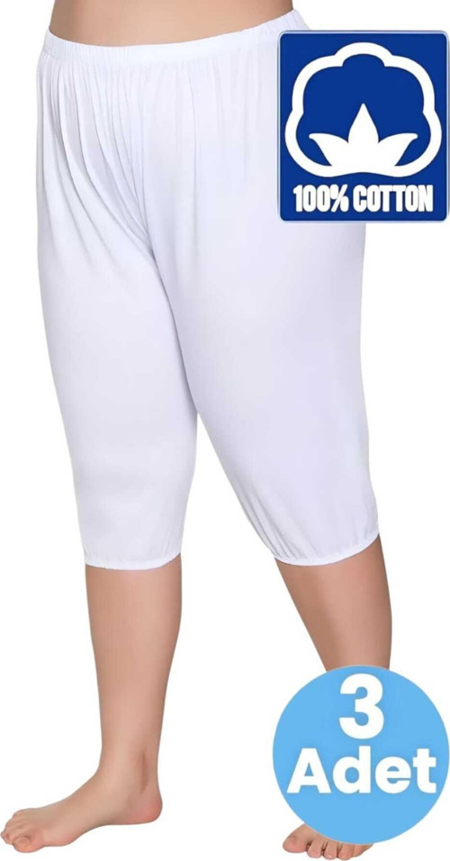 Kadın %100 Pamuklu Kısa Pijama 3'Lü Paçalı Don Beyaz 4XL