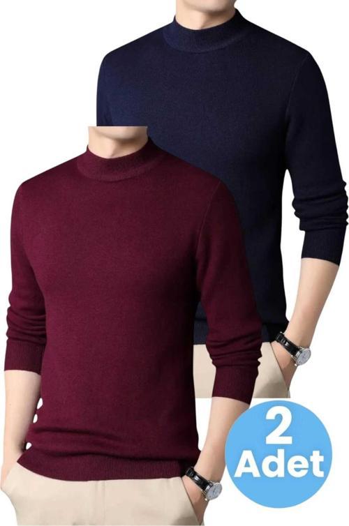 2'Li  Erkek Tüylenmeyen Yarım Boğazlı Triko Kazak Yarım Balıkçı Triko Kazak Bordo - Lacivert XL