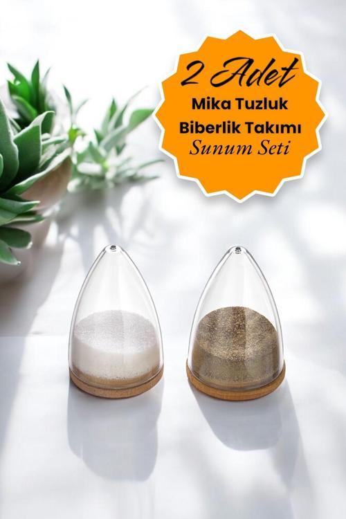 2 Adet Ahşap Altlıklı Silikon Kapaklı Mika Baharatlık Tuzluk Biberlik Seti MIT1153