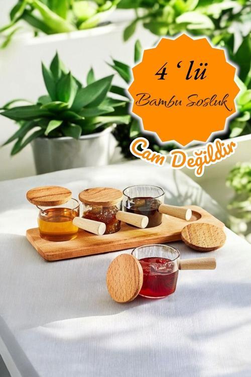 4 Adet Ahşap Saplı Standlı Mika Şeffaf Sunumluk Sosluk Reçellik Çerezlik MIT1152