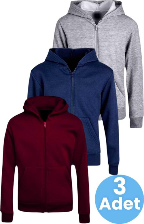 Çocuk Unisex Pamuklu Kapüşonlu Fermuarlı Sweatshirt 3'Lü Set Bordo - Lacivert - Gri 9 Yaş
