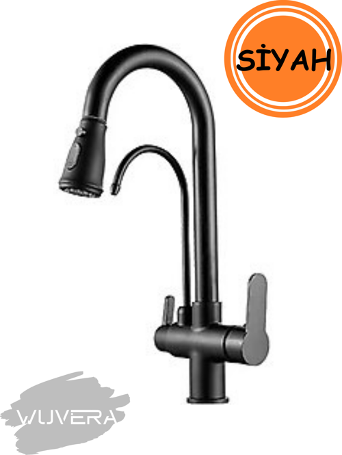 Siyah Arıtmalı 3 Yollu Spiralli Mutfak Eviye Bataryası – Sağlıklı Su ve Modern Tasarım Bir Arada!