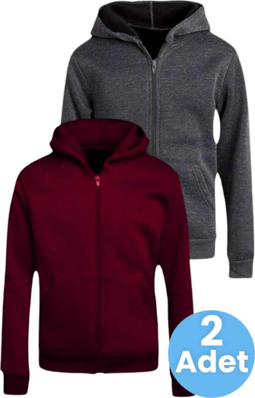 Çocuk Unisex Pamuklu Kapüşonlu Fermuarlı Sweatshirt 2'Li Set Bordo - Füme 5 Yaş