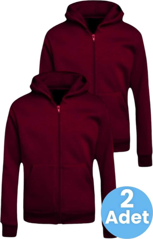 Çocuk Unisex Pamuklu Kapüşonlu Fermuarlı Sweatshirt 2'Li Set Bordo - Bordo 6 Yaş