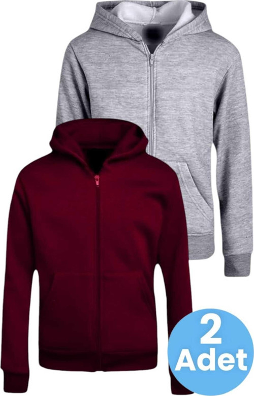 Çocuk Unisex Pamuklu Kapüşonlu Fermuarlı Sweatshirt 2'Li Set Bordo - Gri 6 Yaş