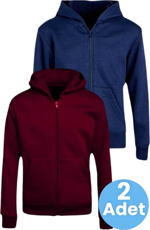 Çocuk Unisex Pamuklu Kapüşonlu Fermuarlı Sweatshirt 2'Li Set Bordo - Lacivert 6 Yaş