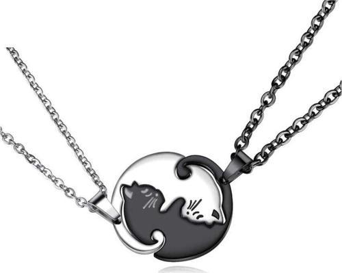 Unisex Ying Yang Kediler Cats Çiftli Sevgili Arkadaş Kolyesi Sevgili Kolyesi Arkadaşlık Kolyesi Gümüş - Siyah 60 cm
