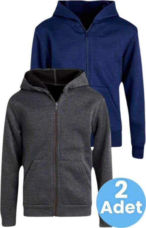 Çocuk Unisex Pamuklu Kapüşonlu Fermuarlı Sweatshirt 2'Li Set Füme - Lacivert 8 Yaş