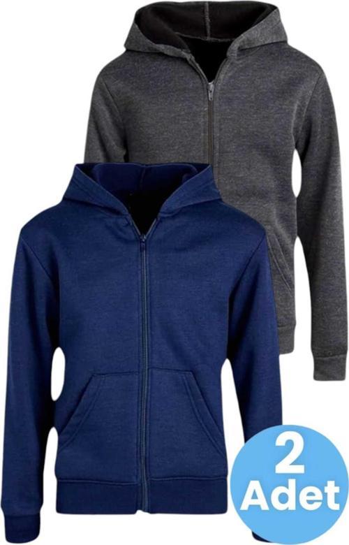 Çocuk Unisex Pamuklu Kapüşonlu Fermuarlı Sweatshirt 2'Li Set Lacivert - Füme 8 Yaş