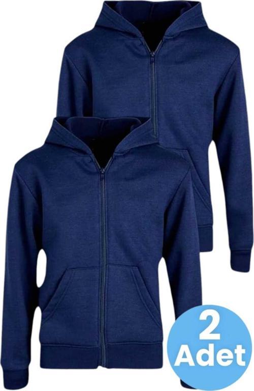 Çocuk Unisex Pamuklu Kapüşonlu Fermuarlı Sweatshirt 2'Li Set Lacivert 8 Yaş