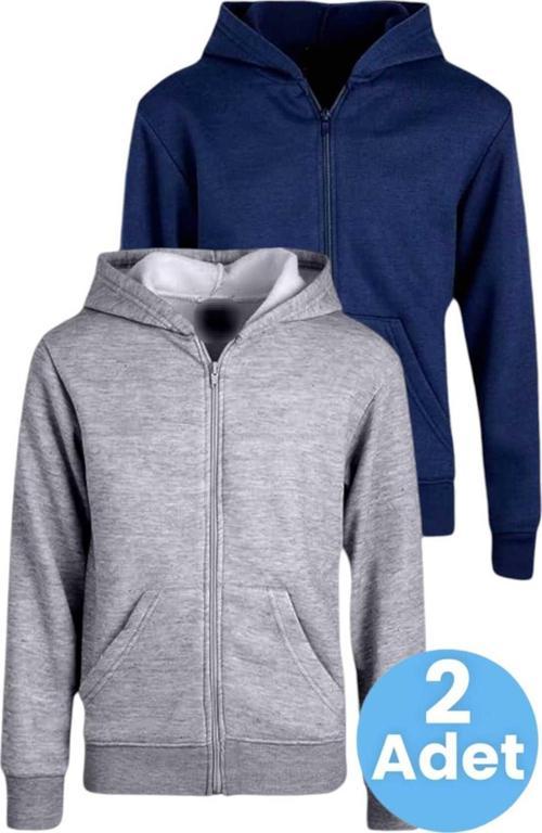 Çocuk Unisex Pamuklu Kapüşonlu Fermuarlı Sweatshirt 2'Li Set Gri - Lacivert 9 Yaş