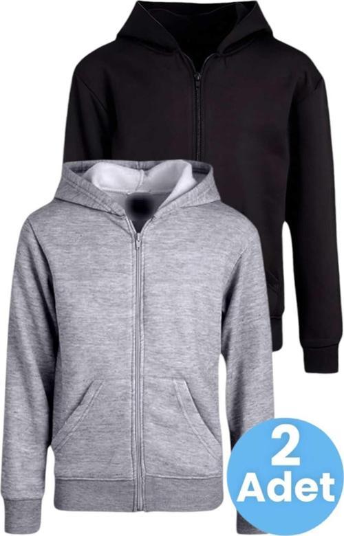 Çocuk Unisex Pamuklu Kapüşonlu Fermuarlı Sweatshirt 2'Li Set Gri - Siyah 9 Yaş