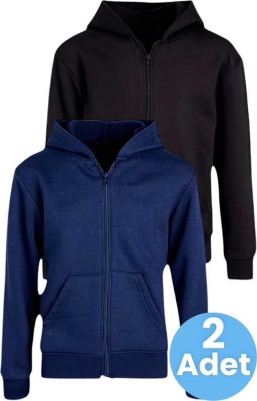 Çocuk Unisex Pamuklu Kapüşonlu Fermuarlı Sweatshirt 2'Li Set Lacivert - Siyah 9 Yaş