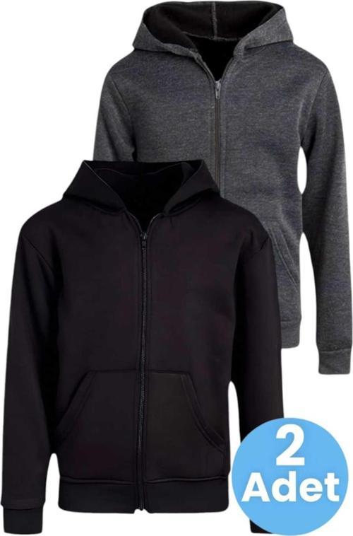 Çocuk Unisex Pamuklu Kapüşonlu Fermuarlı Sweatshirt 2'Li Set Siyah - Füme 9 Yaş