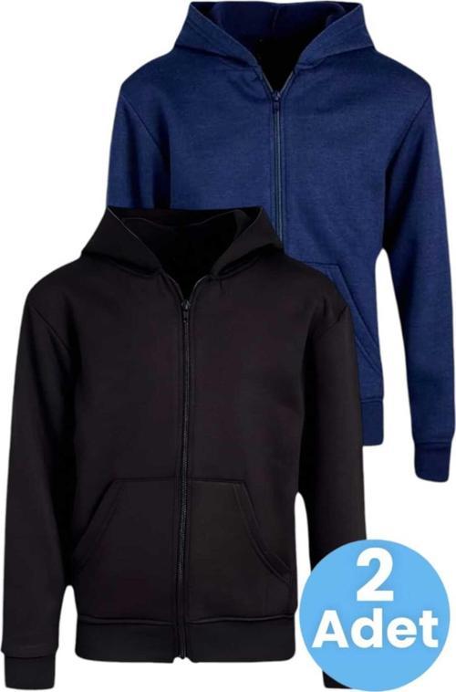 Çocuk Unisex Pamuklu Kapüşonlu Fermuarlı Sweatshirt 2'Li Set Siyah - Lacivert 9 Yaş