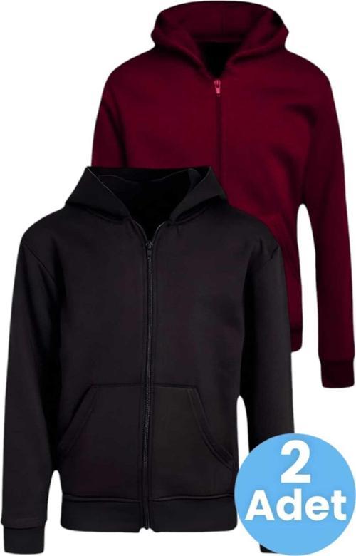 Çocuk Unisex Pamuklu Kapüşonlu Fermuarlı Sweatshirt 2'Li Set Siyah - Bordo 9 Yaş