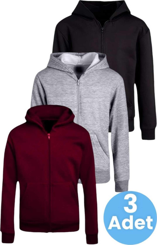 Çocuk Unisex Pamuklu Kapüşonlu Fermuarlı Sweatshirt 3'Lü Set Bordo - Gri - Siyah 12 Yaş