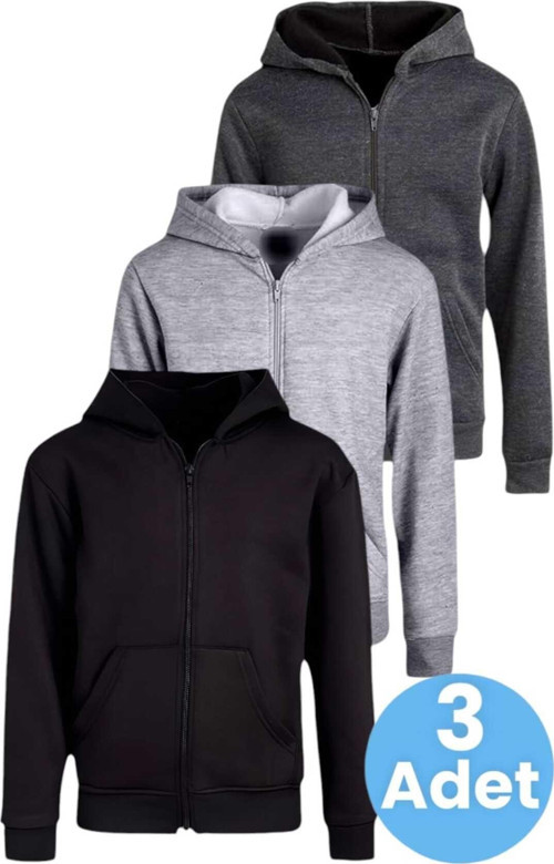 Çocuk Unisex Pamuklu Kapüşonlu Fermuarlı Sweatshirt 3'Lü Set Siyah - Gri - Füme 13 Yaş