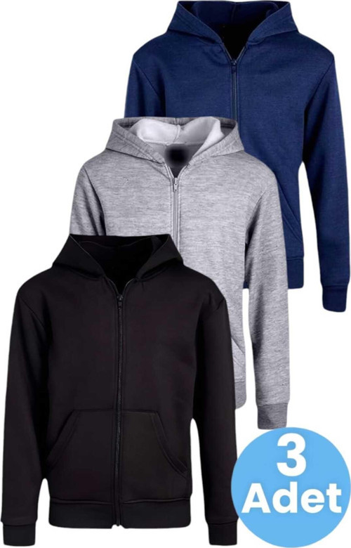 Çocuk Unisex Pamuklu Kapüşonlu Fermuarlı Sweatshirt 3'Lü Set Siyah - Gri - Lacivert 5 Yaş