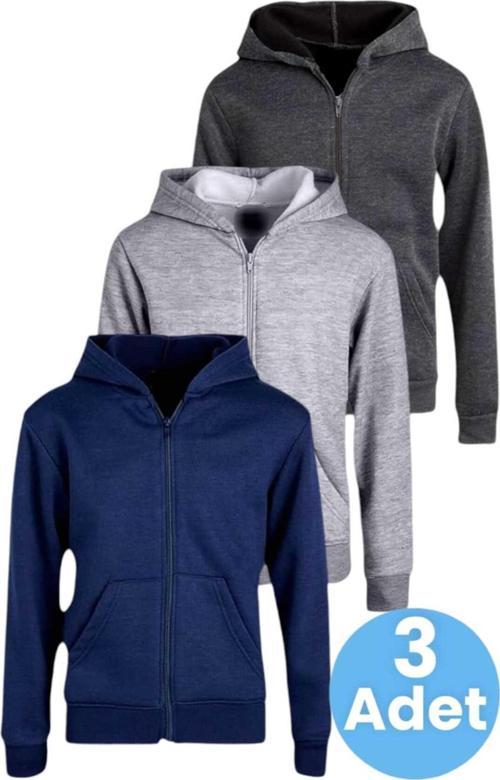 Çocuk Unisex Pamuklu Kapüşonlu Fermuarlı Sweatshirt 3'Lü Set Lacivert - Gri - Füme 6 Yaş