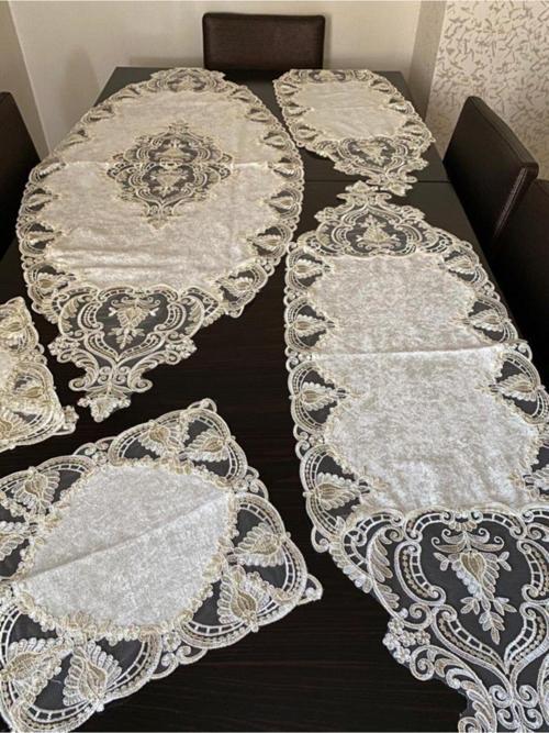 5 Parça Fransız Dantelli Kadife Salon Takımı