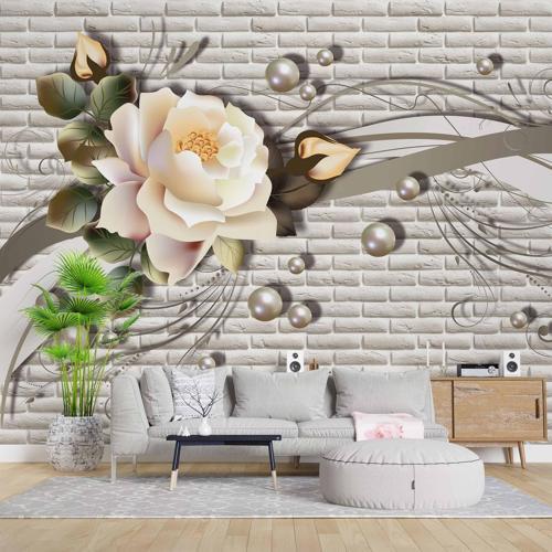 3 Boyutlu Tuğla Duvar Üstünde Gül Desenli Duvar Kağıdı Baskı