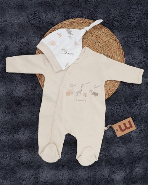 %100 Pamuklu Hayvan Figürlü Çıtçıtlı Bebek Tulumu + Şapka Hediyeli / Yenidoğan Tulum
