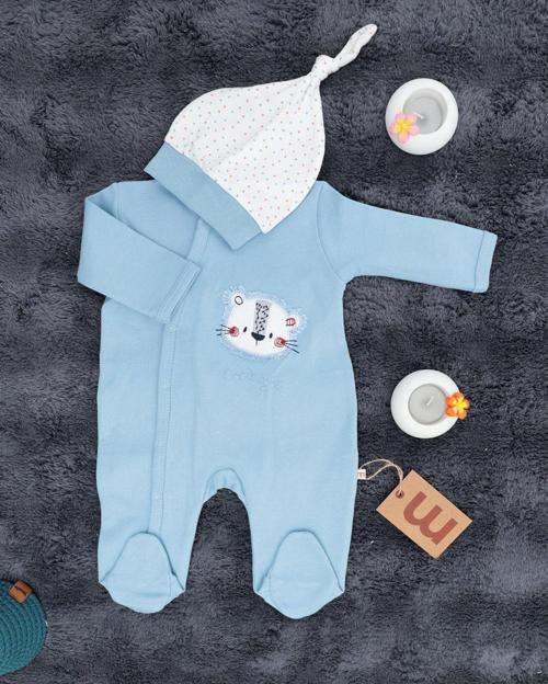 Aslan Desenli Çıtçıtlı Tulum / Şapka Hediye / %100 Pamuklu