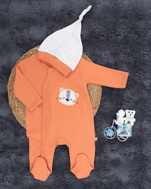 Çıtçıtlı Aslan Desenli Tulum / Şapka Hediye / %100 Pamuklu / Bebek Tulum / Yenidoğan Tulum