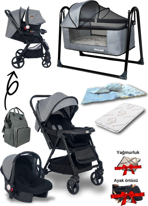 8 Parça Bebek Seti Trendy Bebek Arabası Beşik Puset Yatak 3 Lü Nevresim Çanta