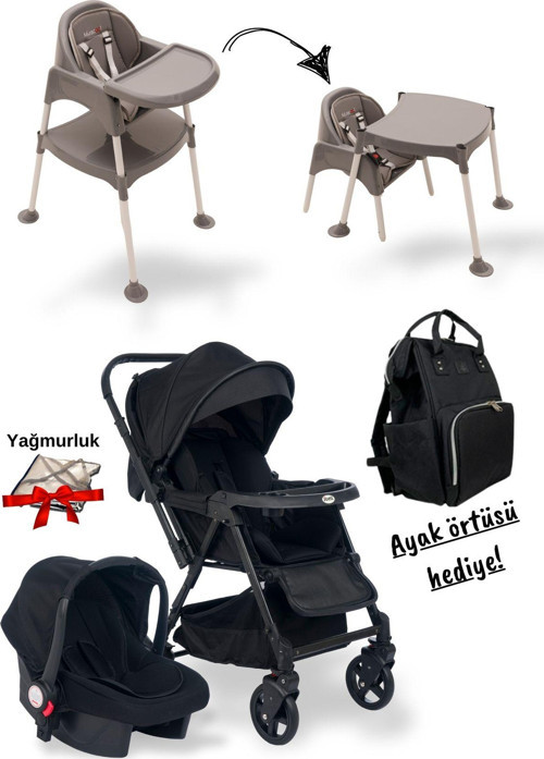 6'Lı Bebek Seti Trendy Bebek Arabası/Puset/Mama Sandalyesi/Çanta/Ayak Örtüsü/ Yağmurluk Hediye