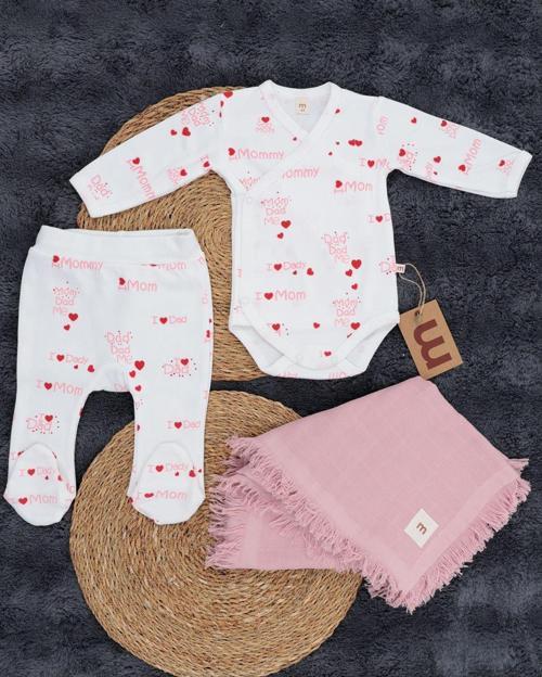 3'Lü Hastane Çıkışı / Bady & Pantolon & Müslin Battaniye / %100 Pamuklu / Kız Bebek