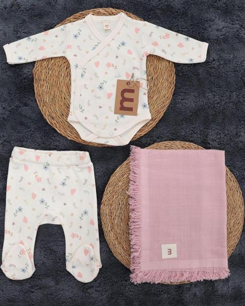 3'Lü Hastane Çıkışı / Bady & Pantolon & Müslin Battaniye / %100 Pamuklu / Kız Bebek