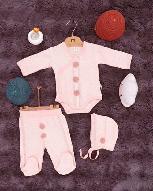 Organik Havlu Kumaştan Kruvaze Bebek Takımı (Body, Pantolon Ve Şapka)