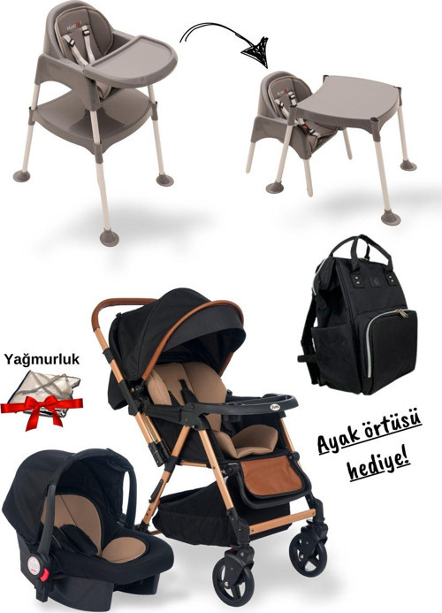 6'Lı Bebek Seti Trendy Bebek Arabası/Puset/Mama Sandalyesi/Çanta/Ayak Örtüsü/ Yağmurluk Hediye