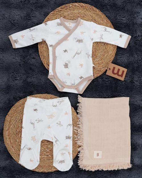 3'Lü Hastane Çıkışı / Bady & Pantolon & Müslin Battaniye / %100 Pamuklu / Kız Bebek