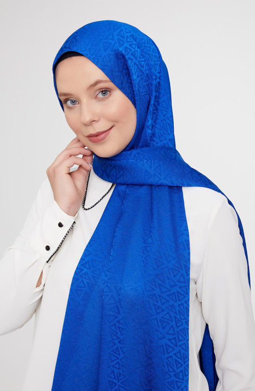 Saks Üçgen Desen Jakarlı Janjan Şal
