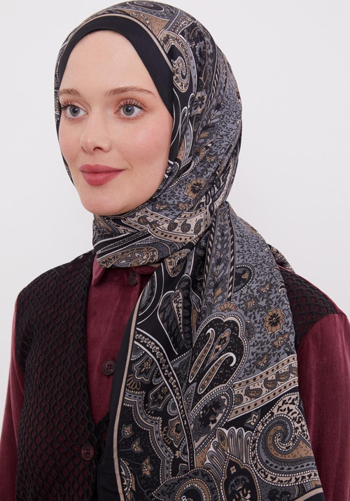 Siyah Etnik Desen Royal Şal