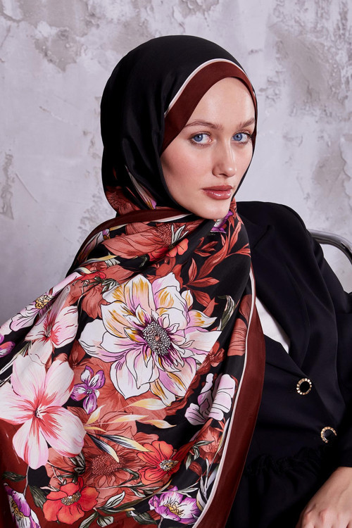 Bordo Kenar Çiçek Desen Royal Şal