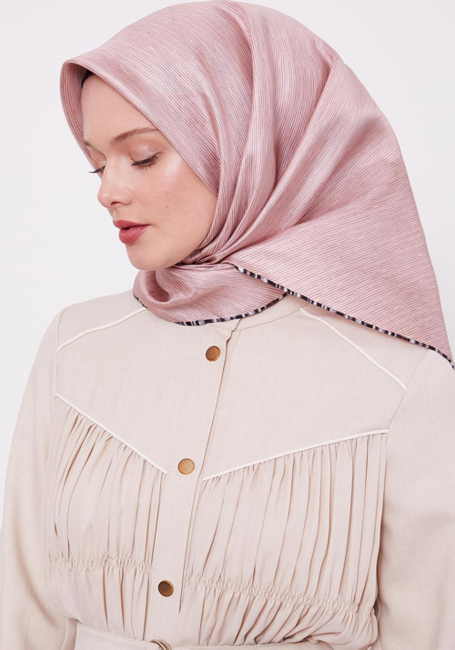Pudra Çizgili Twill İpek Eşarp