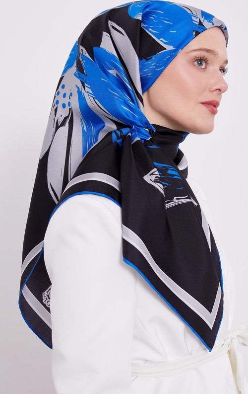 Saks Çiçek Desen Twill Ipek Esarp