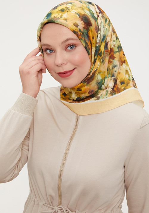Hardal Ebruli Desen Modal İpek Eşarp