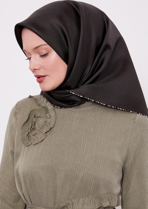 Haki Çizgili Twill İpek Eşarp