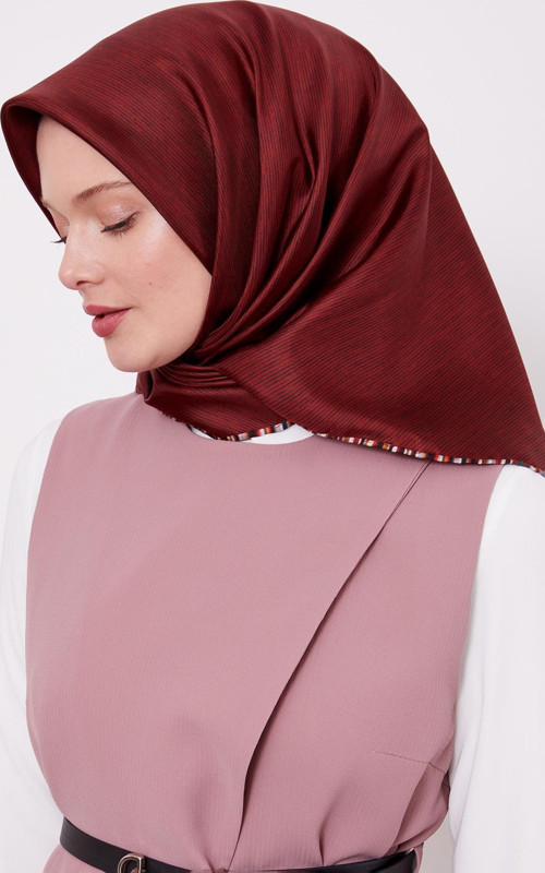 Bordo Çizgili Twill İpek Eşarp
