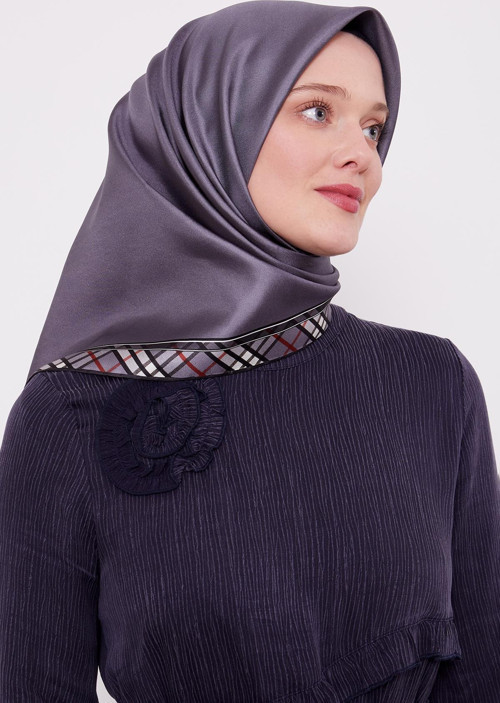 Antrasit Ekose Kenar Twill İpek Eşarp